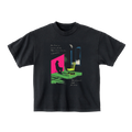 Black t-shirt with colorful graphic design on the front.