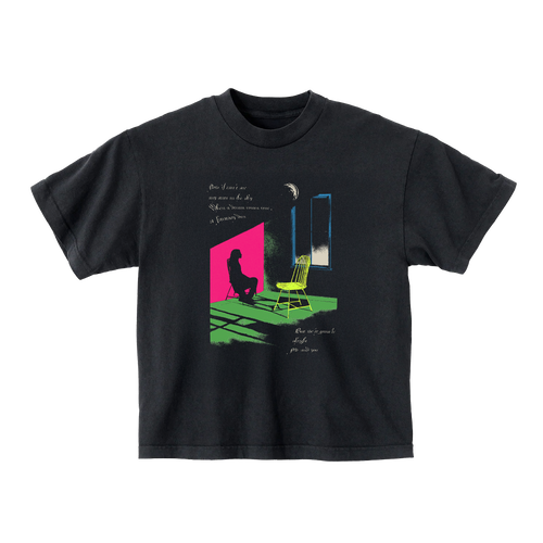 Black t-shirt with colorful graphic design on the front.