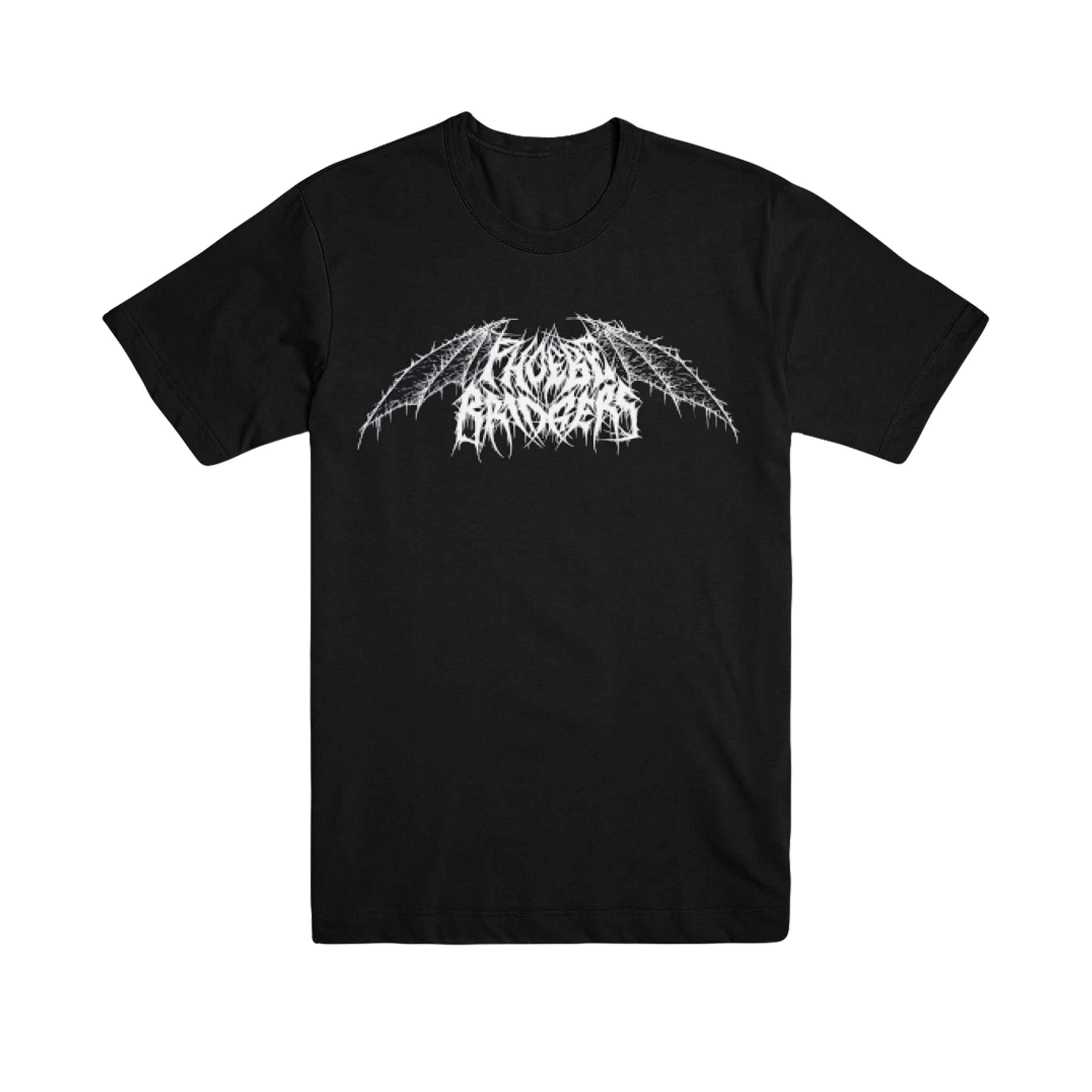Black t-shirt with white graphic design of 'Phoebe Bridgers' metal logo with wings. 