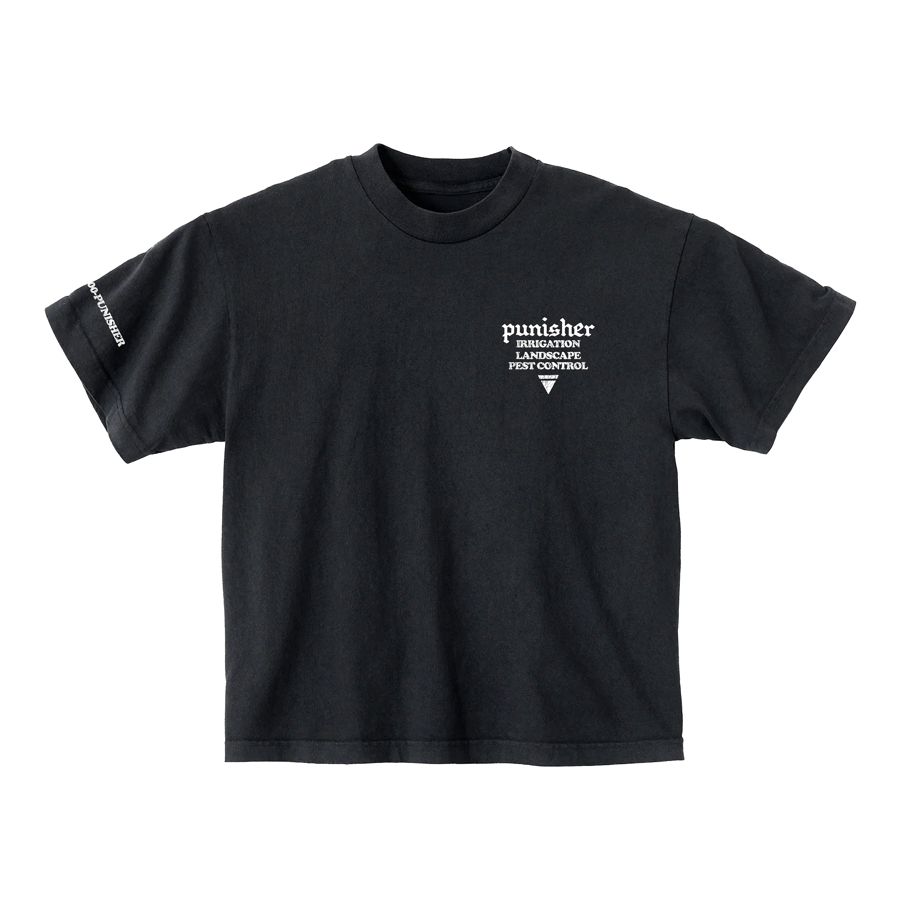 Black t-shirt with white 'punisher' text on the front chest and side of sleeve. 