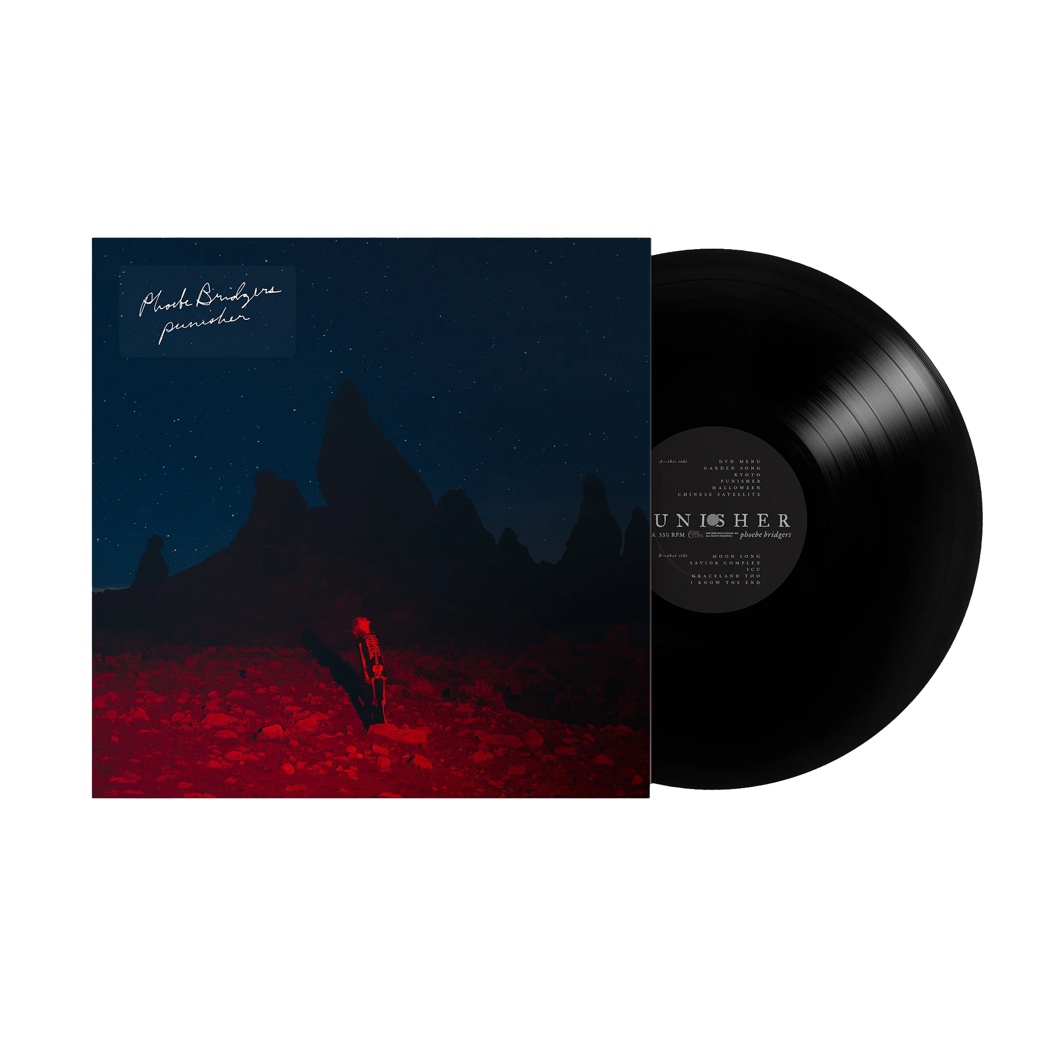"Punisher" black vinyl record with a dark cover featuring a silhouette of a Phoebe Bridgers in red light.