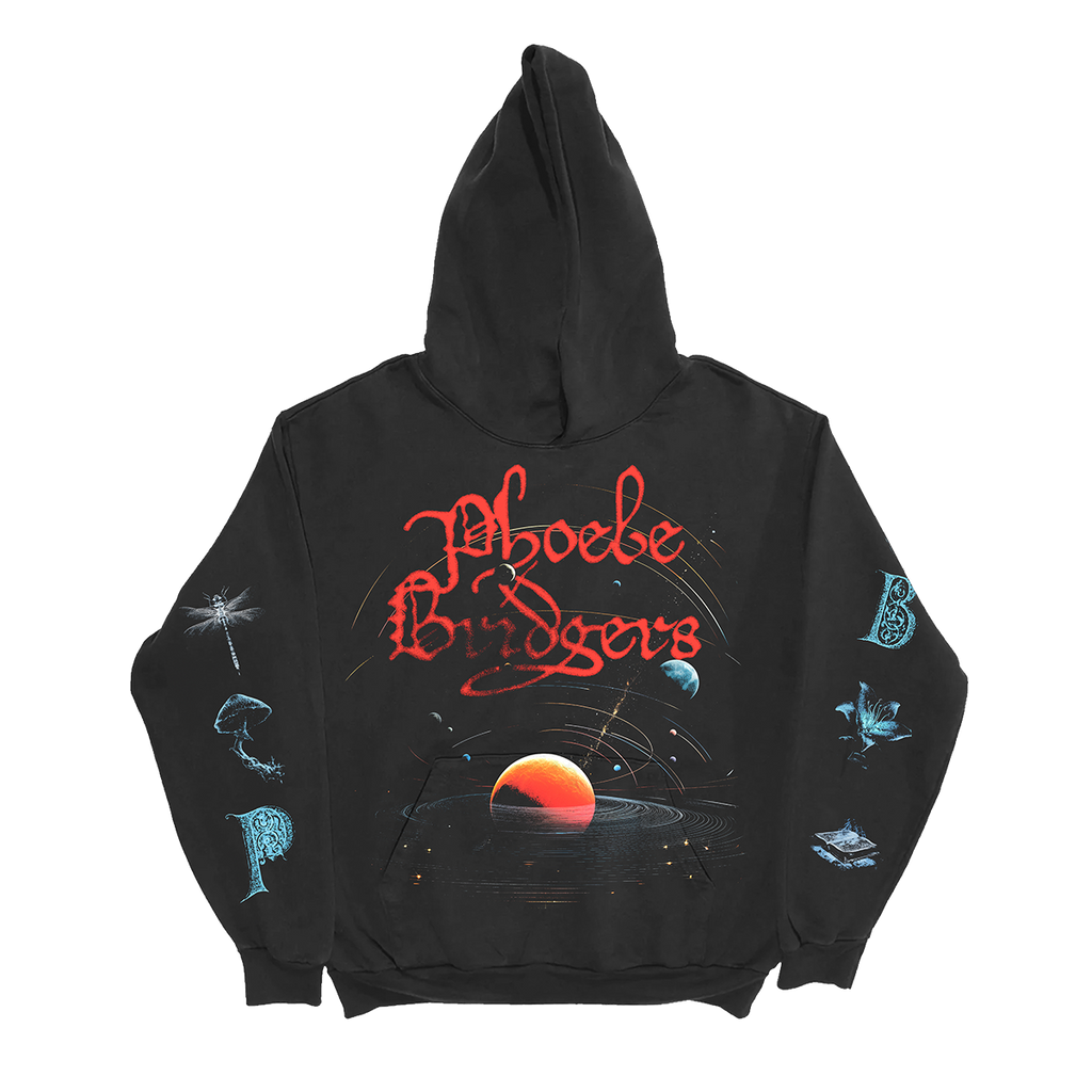 The front of a Black hoodie with space-themed design with "Phoebe Bridgers" in red across the chest. 